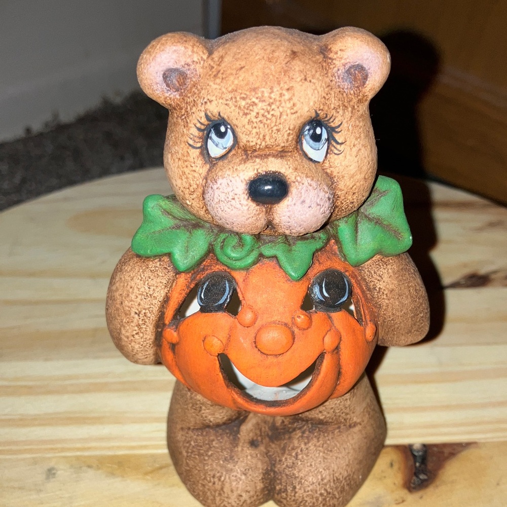 Hand Crafted Brown Bear with Pumpkin Pumpkin Belly 4” Hand Painted